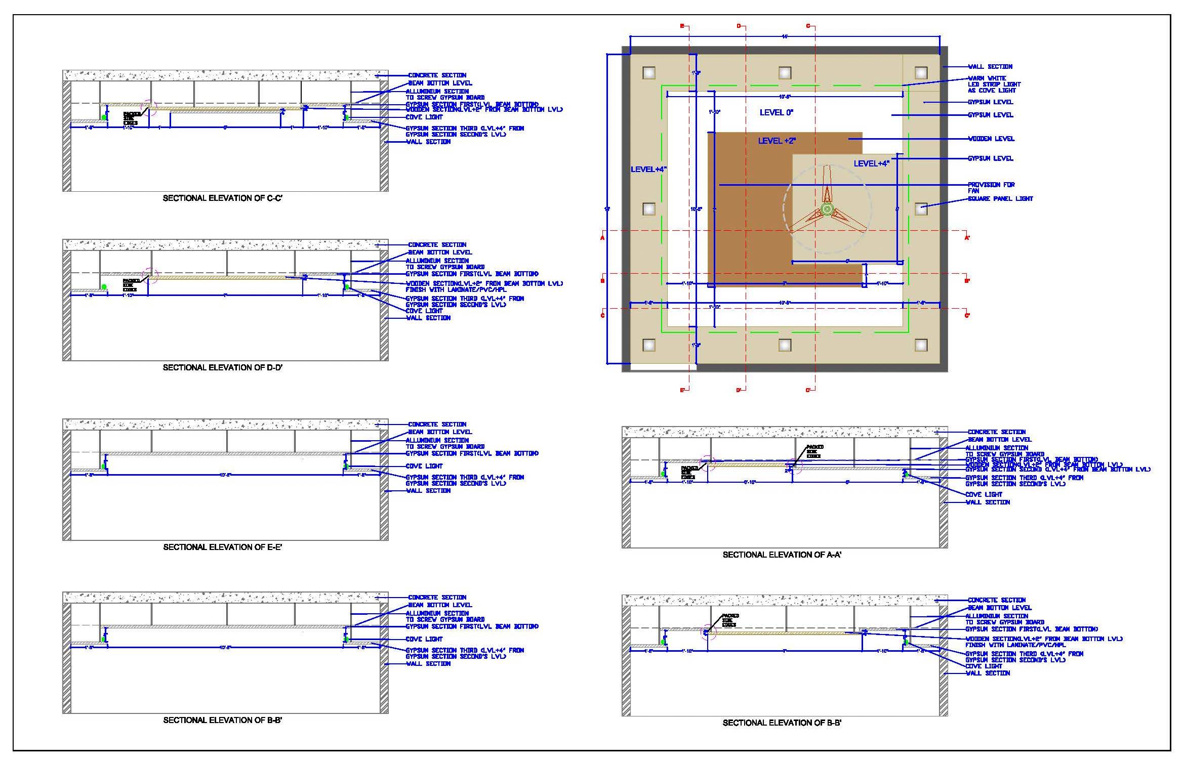 14'x14' False Ceiling Design DWG (Wood and Gypsum Board)